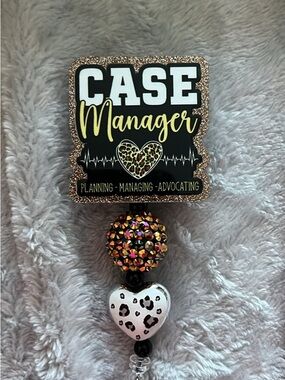 Case Manager Badge Reel with Leopard Heart and Glitter Accents